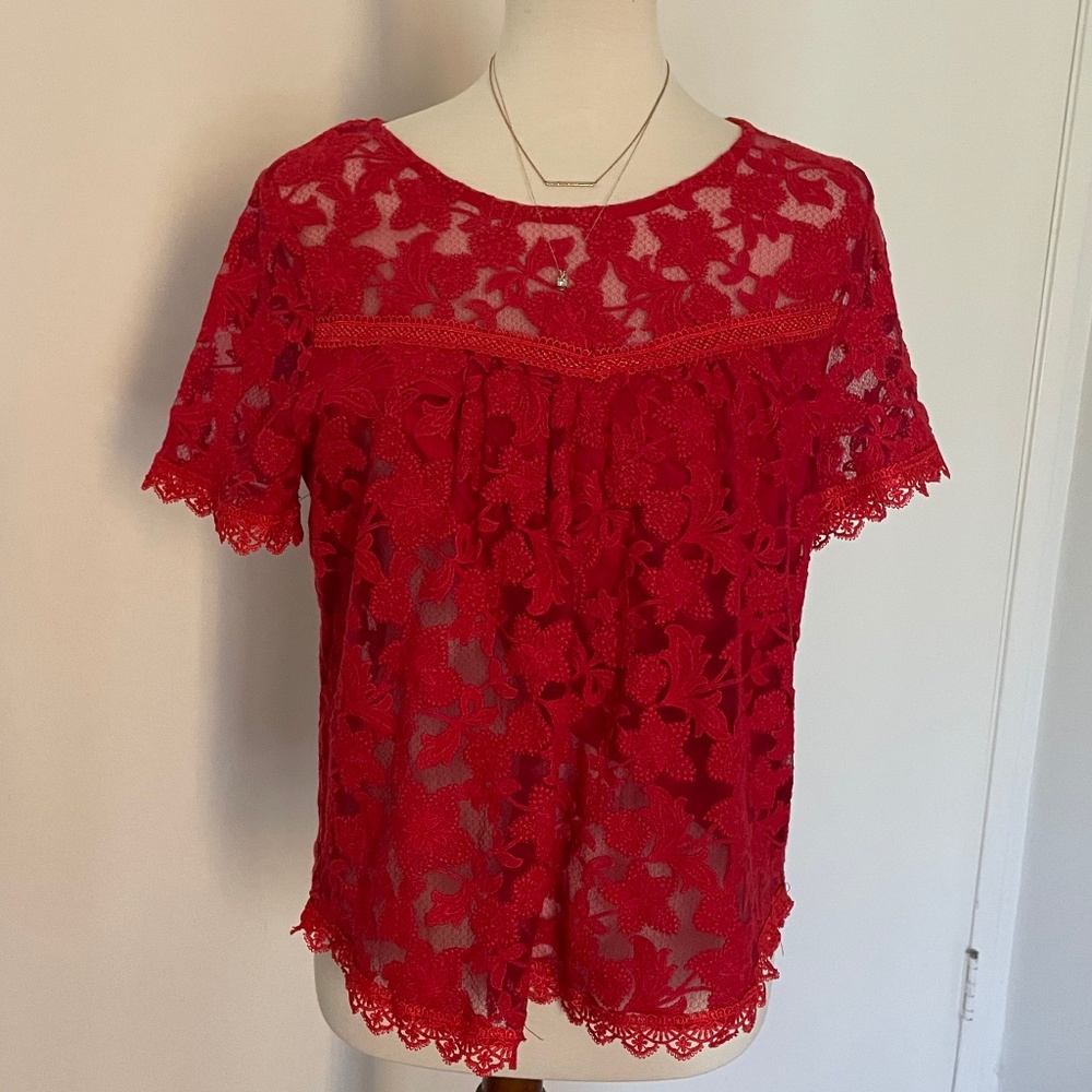 Willow & Clay Cherry Red Lace Blouse W/ Lining and Back Loop Closure